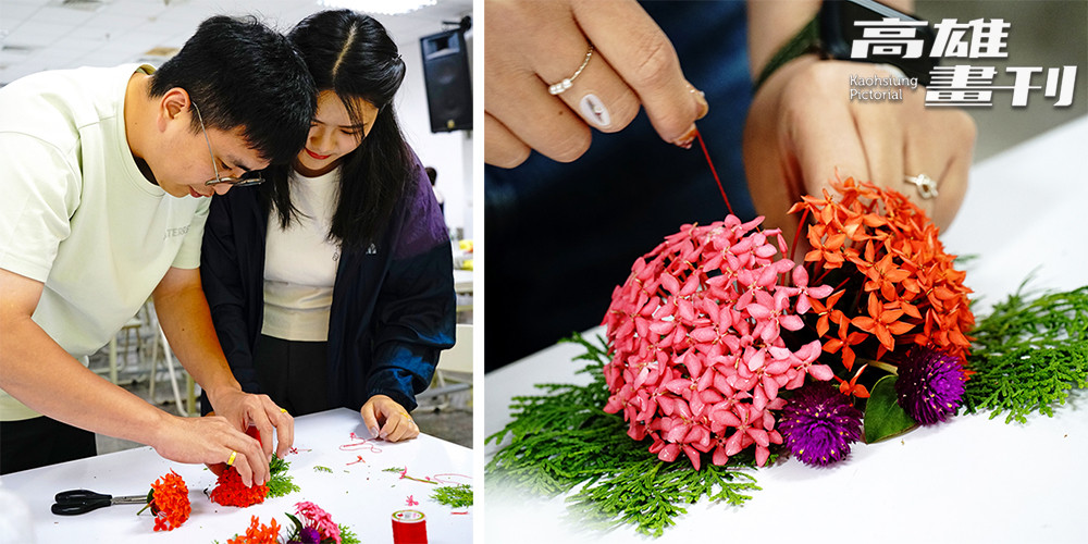 參與婚禮的新人在儀式前一起親手製作頭花，頭花裡的扁柏代表白頭偕老，圓粄花（圓仔花）代表有圓有緣（攝影/曾信耀）