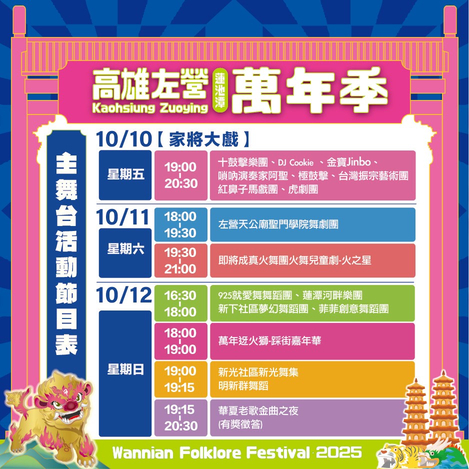 2025高雄左營萬年季活動，時間：10/9（四）~ 10/12（日）、會場：左營蓮池潭環潭周邊場域。(圖片提供/高雄市政府民政局)