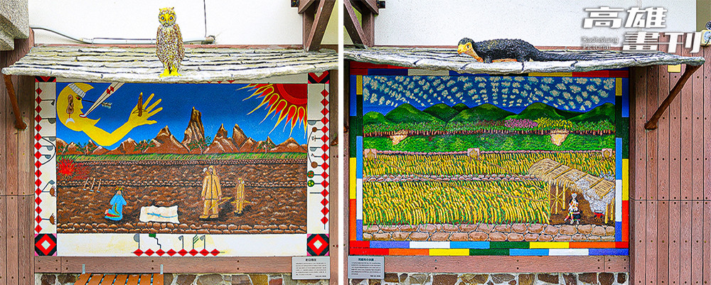 畫家烏布繪製的《射日傳說》（左）與《阿嬤的小米田》畫作，象徵族群傳承與重生。(攝影/Carter)