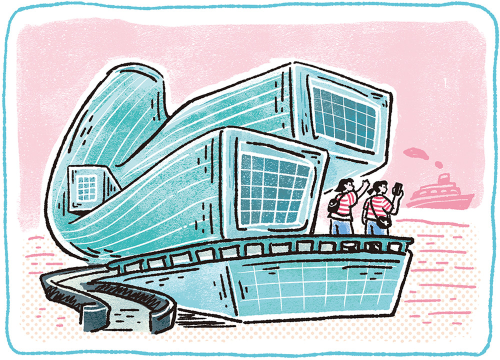 拍下如巨型鯨魚的高雄港旅運中心，成為畫紙上的壯闊景象。(上：攝影/曾信耀；下：插畫、圖片提供/歐佩玲)