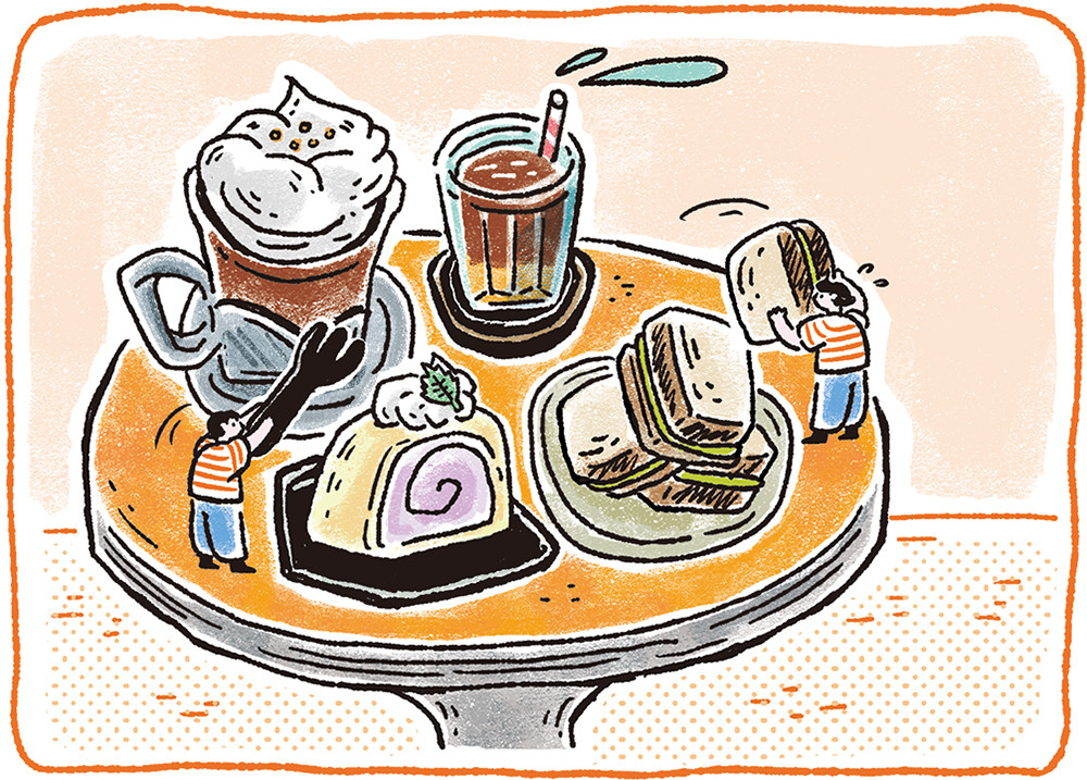 捕捉散步途中的小確幸，讓美食相伴甜上心。(上：攝影/曾信耀；下：插畫、圖片提供/歐佩玲)