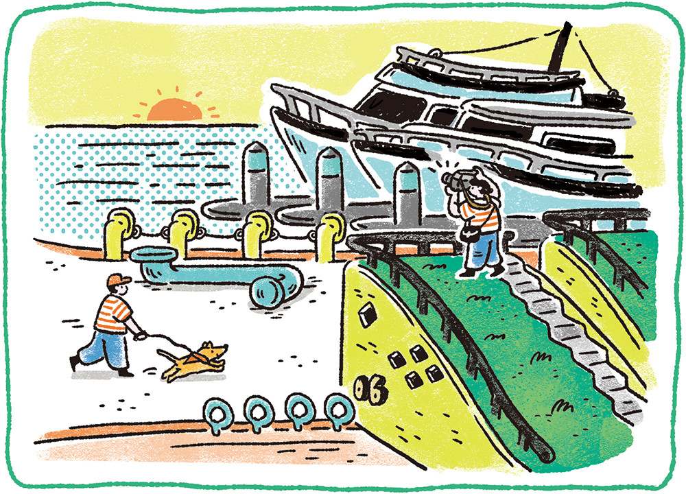 小鯨魚群聚的堤岸，夕陽落在水面上，是歐佩玲最愜意的散步時刻。(上：攝影/曾信耀；下：插畫、圖片提供/歐佩玲)