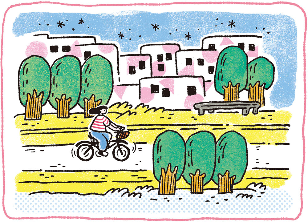 高雄綠園道兩側皆有彩繪作品，歐佩玲喜歡在傍晚的時候，來到這兒騎腳踏車或散步，感受晚風吹拂。(上：攝影/曾信耀；下：插畫、圖片提供/歐佩玲)