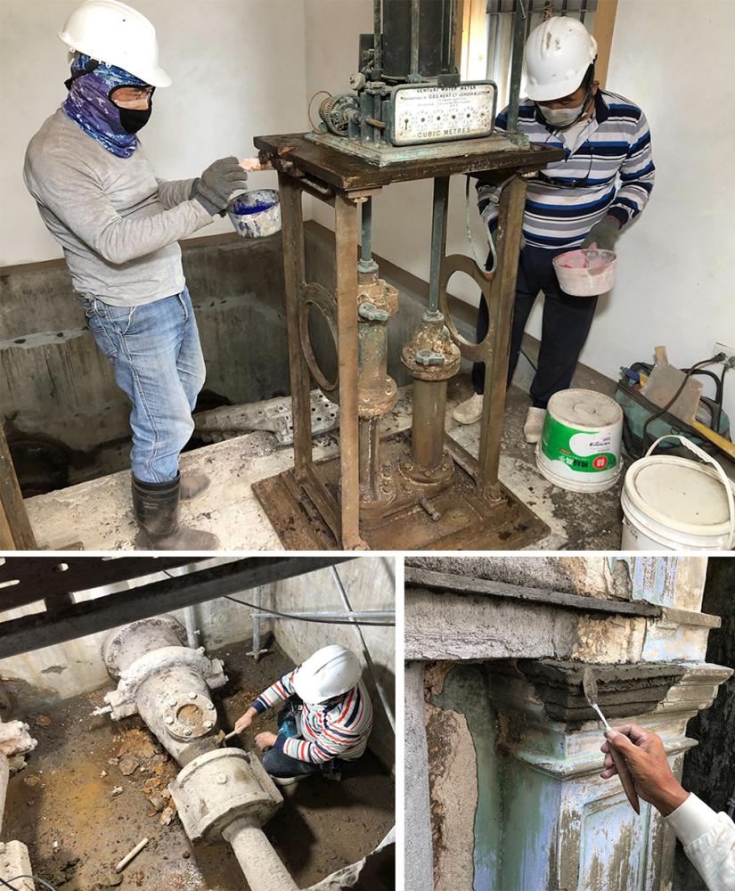 量水器室修復過程中，團隊細緻清理設備、檢視結構，並透過顏料分析還原歷史色彩，讓百年水利設施逐步重現原貌。（圖片提供/高雄市政府文化局）
