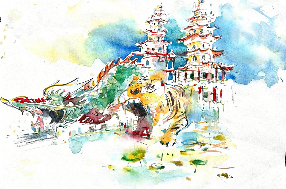 吳沁頤為高雄畫刊創作的龍虎塔速寫，溫柔筆觸中融合了她個人的童年回憶。(圖片提供/吳沁頤)