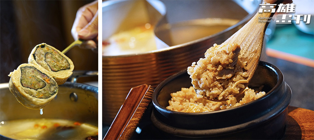 手工溫肚捲（左）與麻油雞釜飯（右），每一道都是主廚的細心手作。(攝影/曾信耀)