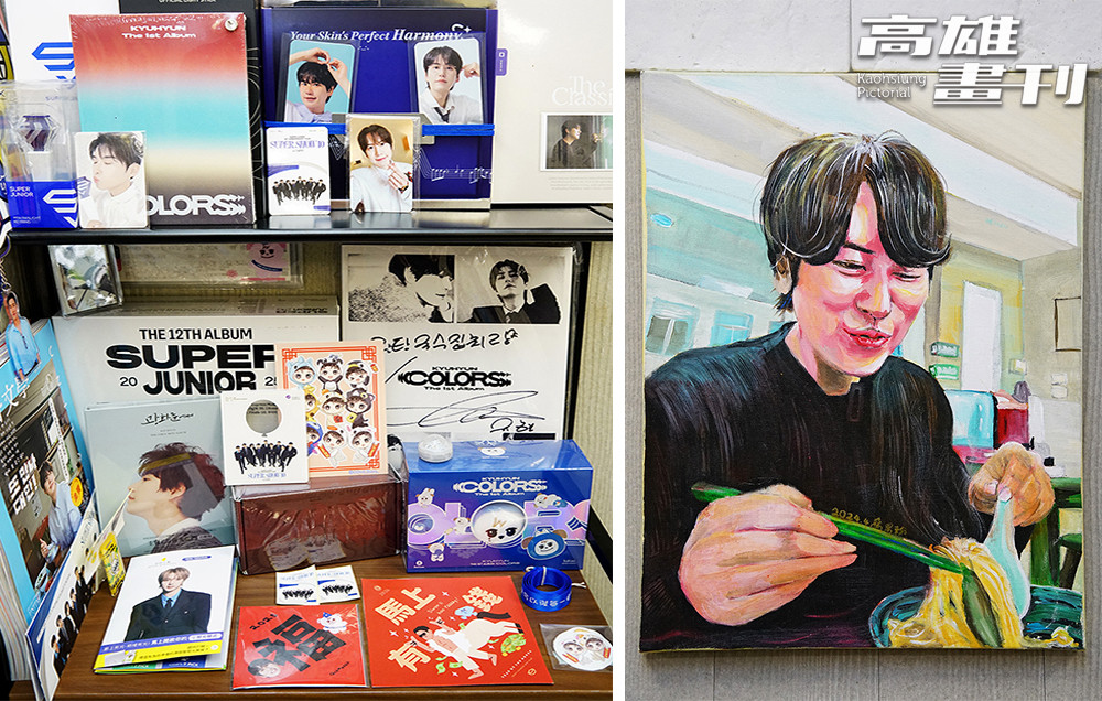 櫃臺陳列收藏圭賢的專輯，還有老闆友人手繪的圭賢油畫，都成為粉絲追星拍照打卡的亮點。(攝影/曾信耀)