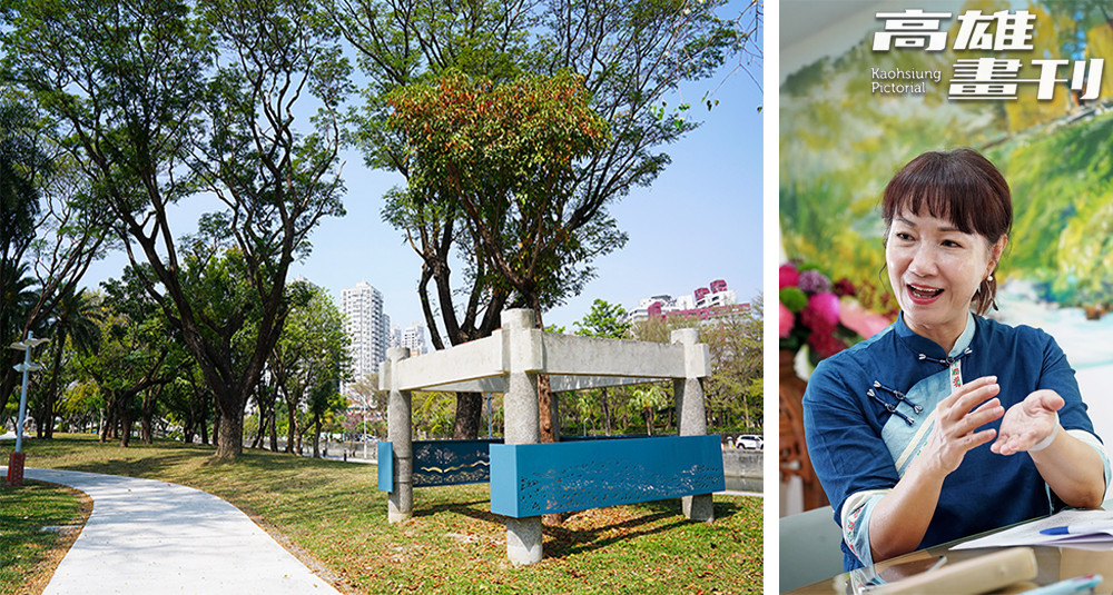 （左）「樹仔涼亭」藝術裝置保存了公園過去的記憶，同時展現新的樣貌。（右）主委楊瑞霞邀請大家走進盤花公園，讀懂客家生活文化。（攝影/曾信耀）