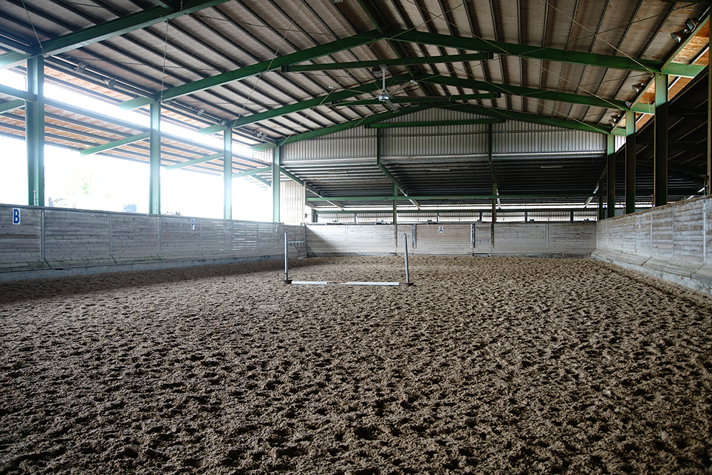 澳登堡馬術指導中心的室內騎乘場，依照世界FEI國際馬術總會場地規格，使用石英砂加入不織布，讓馬匹踩踏更安全。（攝影/曾信耀）