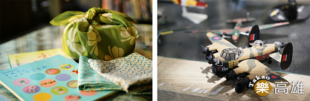 （左）與印花樂合作的包袱巾都相當獨特且受歡迎。（右）店內販售許多軍機模型和機械齒輪模型，也曾舉辦過軍機模型展。（攝影/李曉萍）