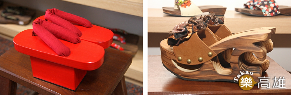 （左）紅色木屐是動漫祭COSPLAY最夯的穿搭之一。（右）木屐鞋跟的鏤空設計可減輕足部的承重負擔。（攝影/Yfung）