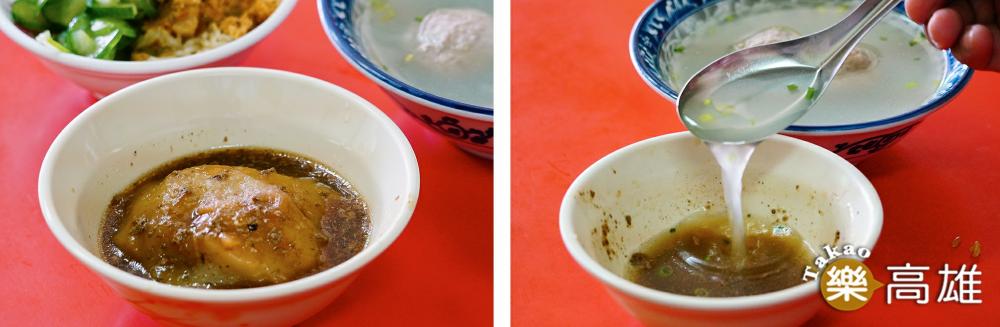 肉圓完食後，碗中殘餘的肉燥滷汁加入大骨清湯，是熟客才懂的吃法。（攝影/Cindy）