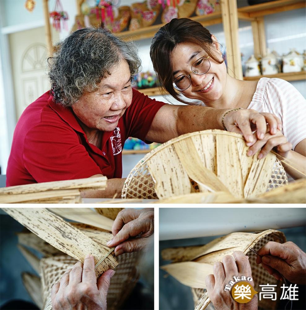 在孫阿姨的指導下，一步一步學習縫竹籜，才知道每頂手工斗笠都不容易。（攝影/曾信耀）
