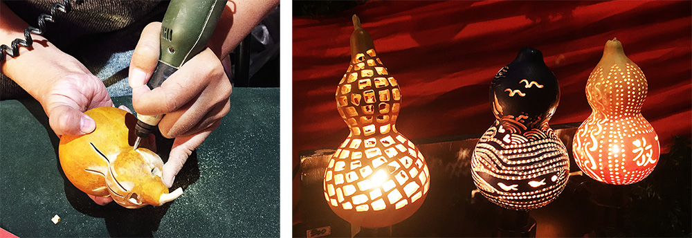 林阿勾手握電動鑽刻工具，畫上各種幾何圖形，製作造型小夜燈。（LZJ Studio‧攝影）