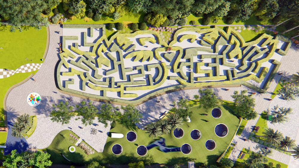 綠籬迷宮為一對鴛鴦造型，孩子們在迷宮花園中探索冒險，與自然環境產生互動。（圖片提供/高雄市政府觀光局）