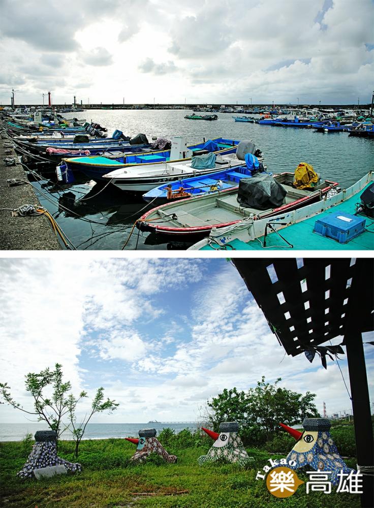 以永新漁港的防波堤與燈塔為背景，呈現寧靜優美的海灣景色。(攝影/曾信耀)