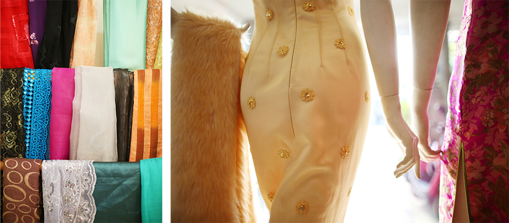 (左)布料是整件旗袍的靈魂，也是修飾身材最重要的條件。(右)運用不同的材質或是配飾，可以凸顯美麗的腰身。