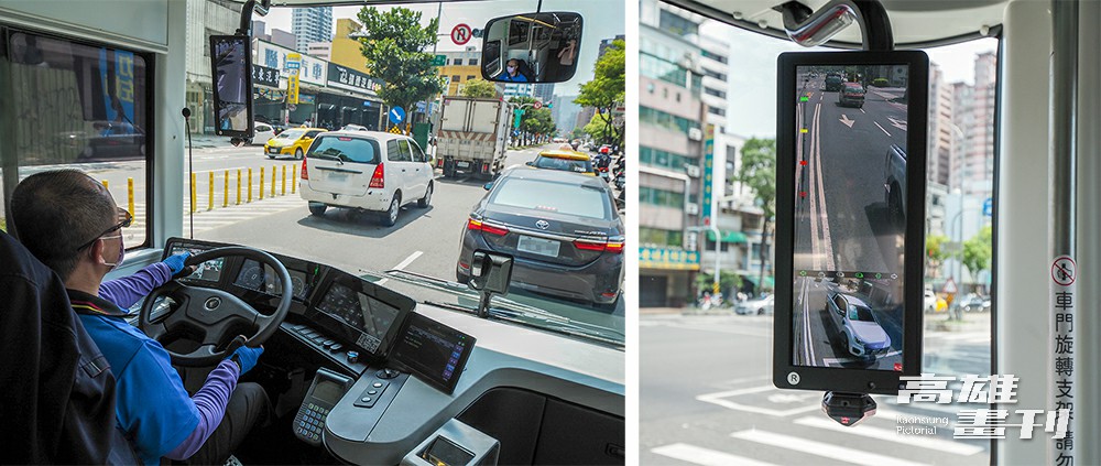 Model T 有目前全國獨有的車內電子廣角後視鏡和環景影像顯示，可減少公車司機視線死角。(攝影/王亭云)