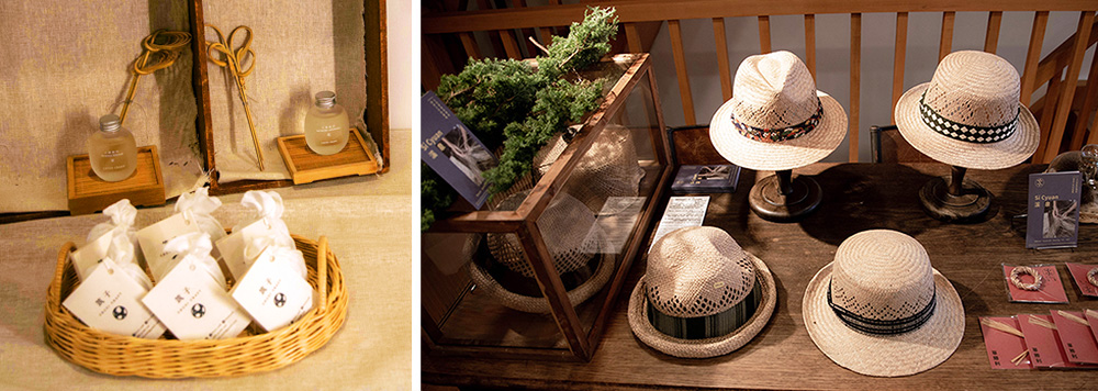 「小島紀行」的香氛產品(左)，展現香氣與竹編的線條呼應；臺中大甲的藺草手工編織工藝品(右)。(圖片提供/高雄市政府文化局)