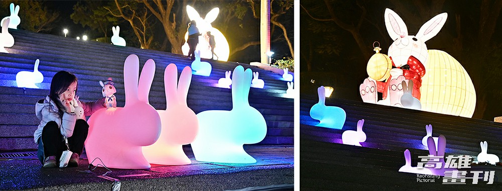 鼓山公園打造月亮造型及俏皮可愛的兔子燈飾，整體布置像是一本大型立體書，將遊客帶入繽紛的童趣王國。(攝影/Carter)